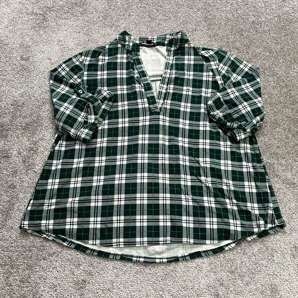 Discreet Button Up Shirt Womens Plus 1X Green Plaid V Neck 3/4 Roll Sleeve Soft